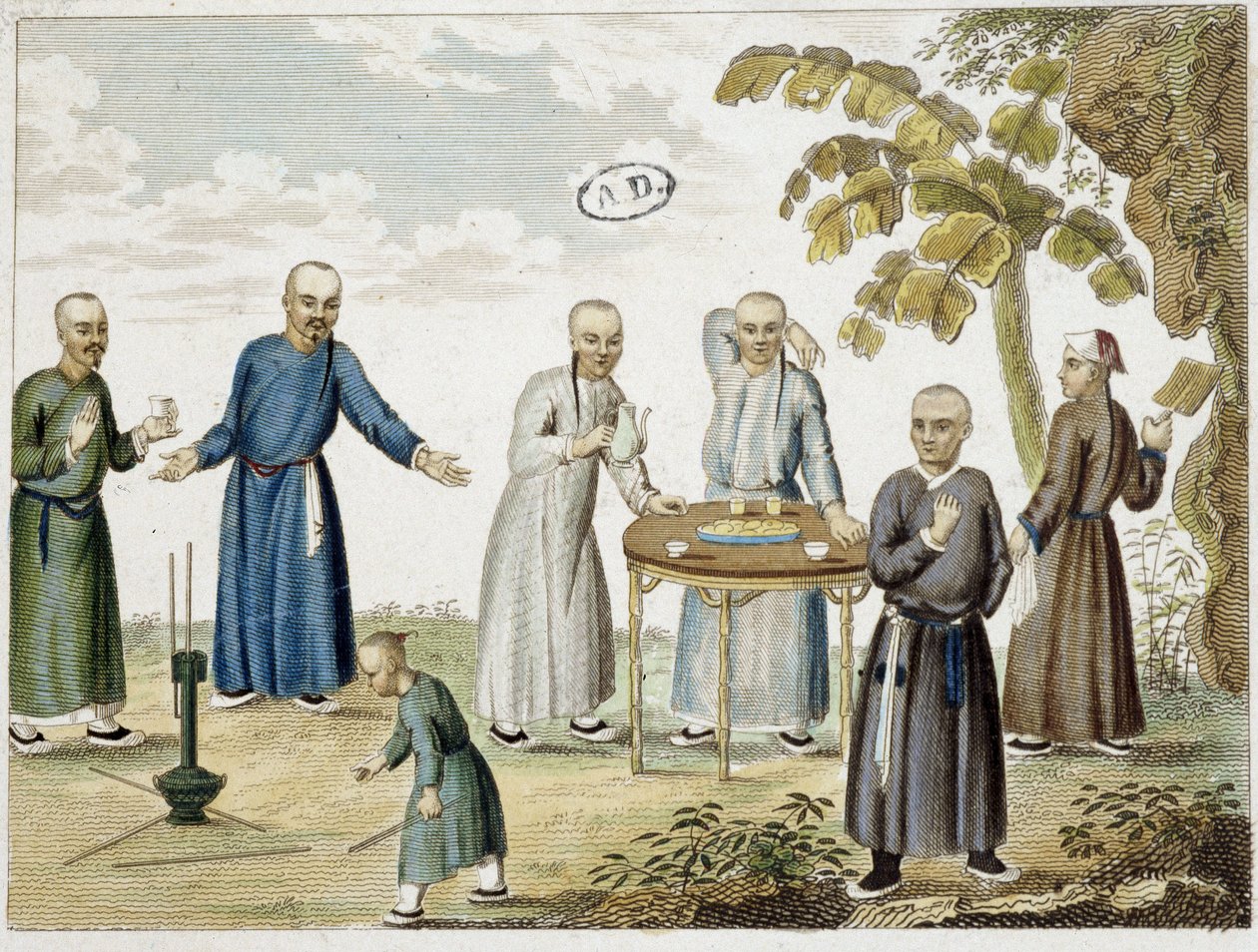 Pelit ja miehet juomassa teetä Kiinassa - s.d, grav. tekijältä Unknown artist