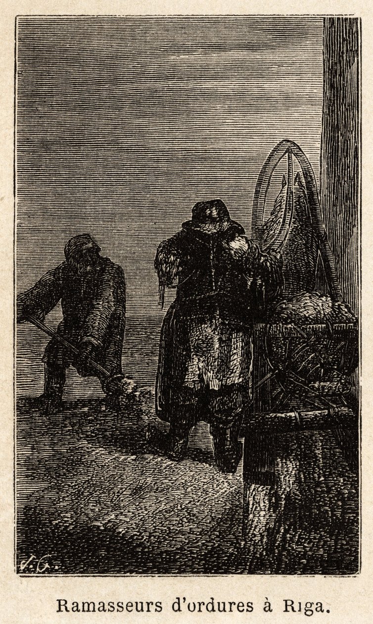 Roskakorit Riiassa. Henrietin piirros havainnollistamaan hänen matkaansa Venäjän Baltian maakuntiin vuosina 1851-54. Kaiverrus kirjassa "" Le tour du monde", toimittanut Edouard Charton tekijältä Unknown artist