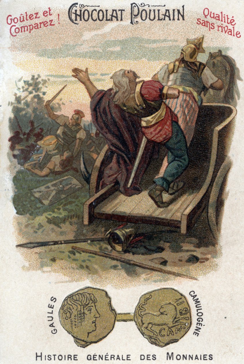 Gallialaiset Aulerque: Lutecen taistelu Camulogenen ja Labienuksen välillä vuonna 53 eaa. Kolikoiden yleisessä historiassa. Suklaa-varsa kromolitografia 1800-luvun lopulla. Yksityinen kokoelma. tekijältä Unknown artist
