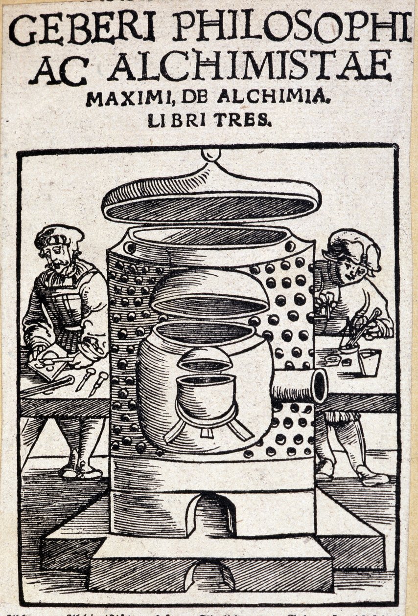 Geberi-filosofi ja alkemisti alkemiasopimuksen otsikkosivu. Geber (v721-v815), arabialkemisti tekijältä Unknown artist