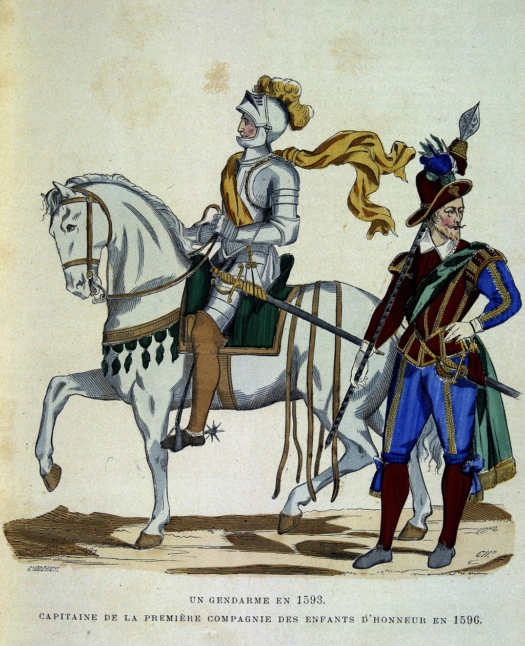 Santarmi vuonna 1593 ja kunnialasten 1. komppanian kapteeni vuonna 1596 - Challamelin teoksessa "" La France et les francais" tekijältä Unknown artist