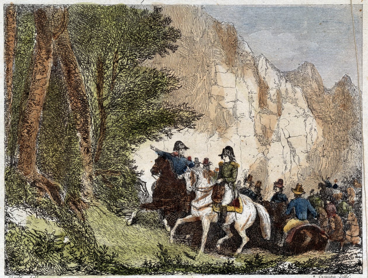 Kenraali Bonaparte (Napoleon I) ja Pascal (Pasquale) Paoli (1725 - 1807), Korsikan patriootti. Kaiverrus 1800-luku tekijältä Unknown artist