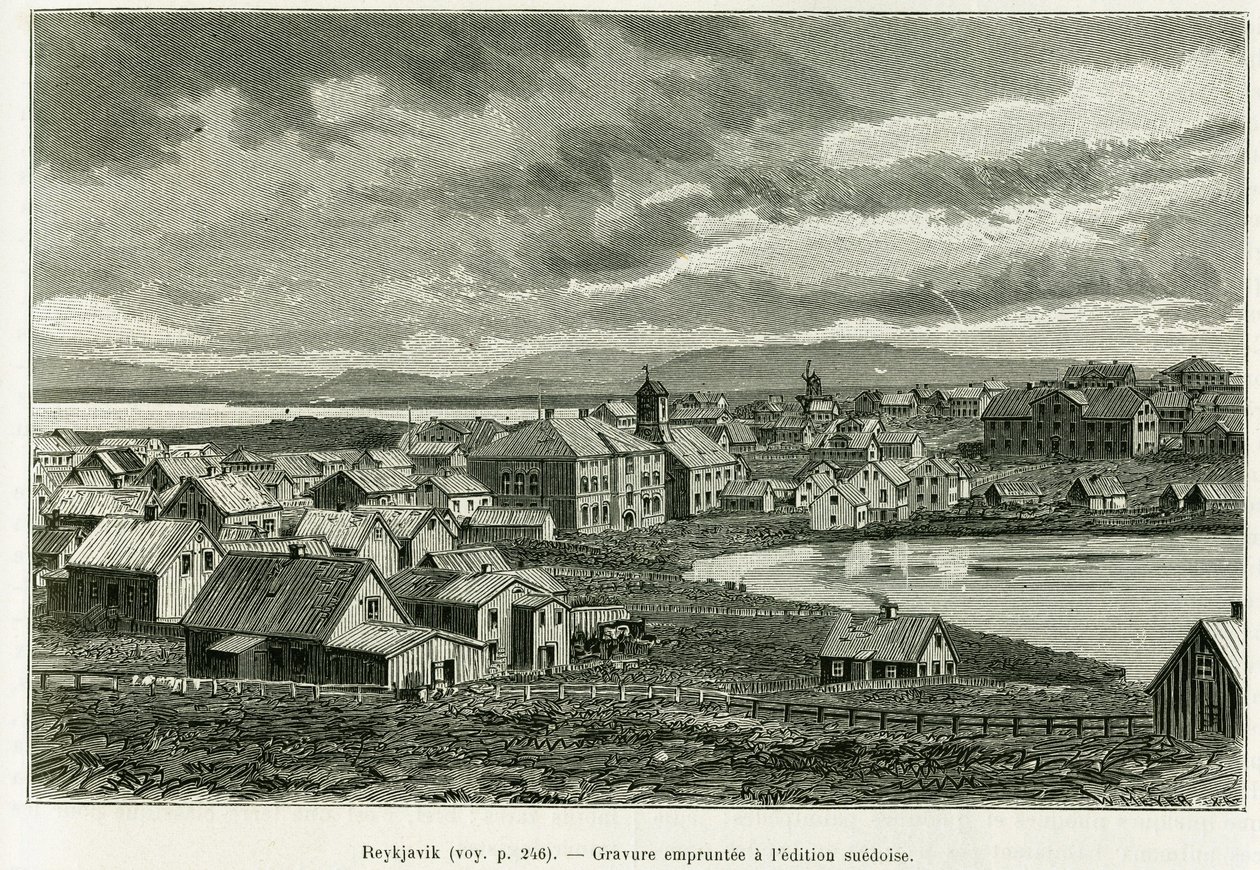Yleiskuva Reykjavikista. Kaiverrus tarinan havainnollistamiseksi Professori Nils Adolf Erik (Eric) Baron Nordenskjold (Nordenskiold) (1832-1901) uusi tutkimusmatka Grönlannissa, Charles Rabot, tour du monde 1886, Edouard Charin johdolla. tekijältä Unknown artist
