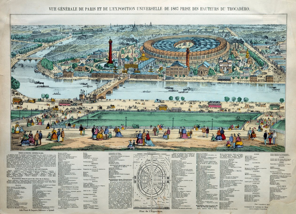 Yleiskuva vuoden 1867 maailmannäyttelystä Pariisissa. Alareunassa: Champ de Marsin sotakoulun puisto. Kaiverrus Paris, Musee Carnavalet tekijältä Unknown artist