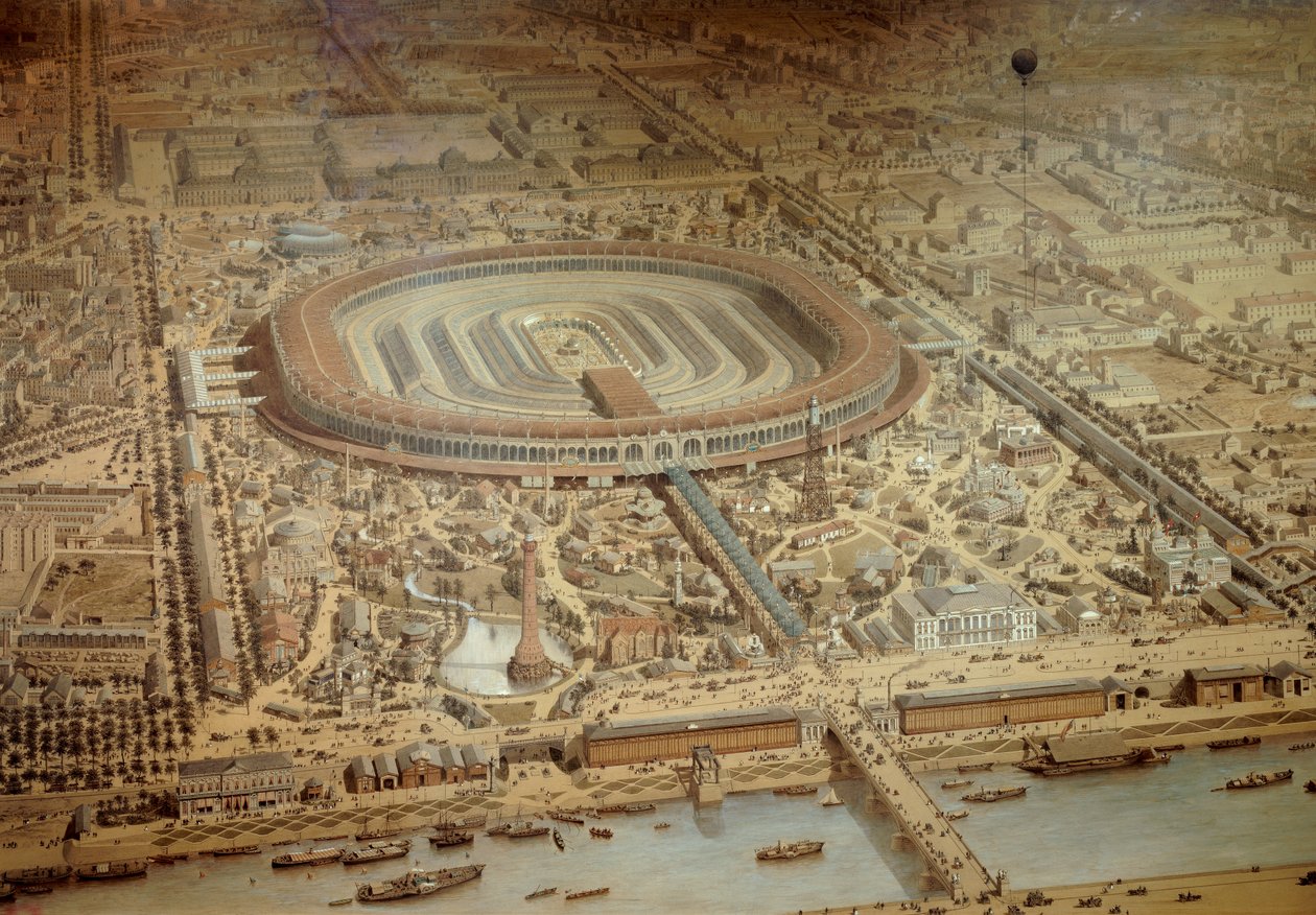 Yleiskuva vuoden 1867 maailmannäyttelystä Pariisissa. Champ de Marsin sotakoulun keskustassa. Kaiverrus Paris, Musee Carnavalet tekijältä Unknown artist