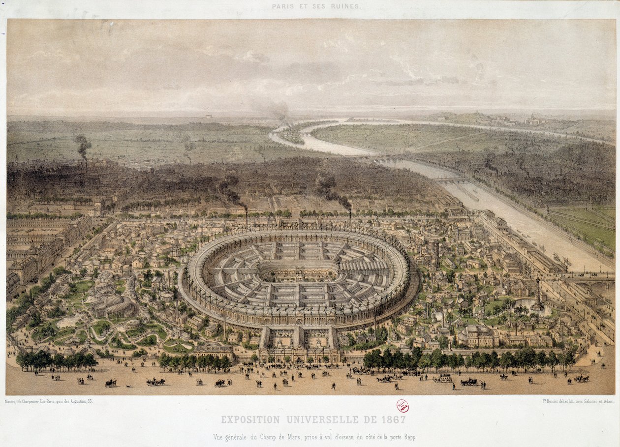 Yleiskuva vuoden 1867 maailmannäyttelystä Pariisin Trocaderosta: Champ de Mars ja Seinen ylittävä Ienan silta. 1800-luvun litografia. Pariisi, Musee d