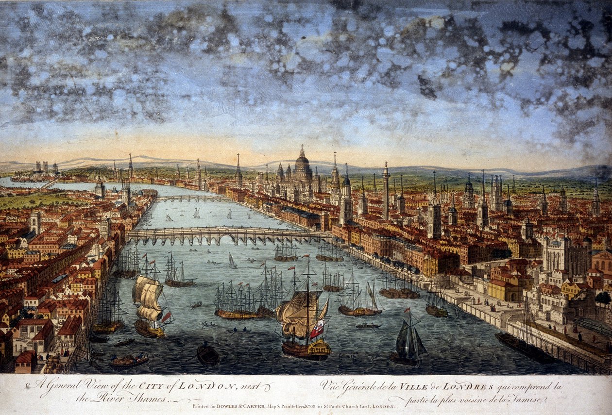 Yleisnäkymä Lontoon kaupunkiin, joka sisältää Thamesin lähimmän osan. 1800. tekijältä Unknown artist