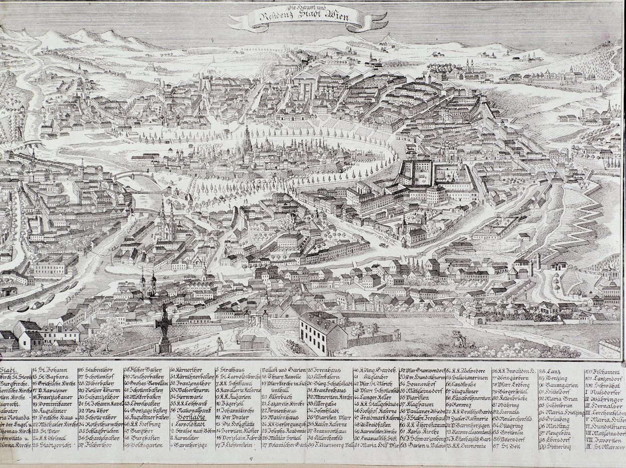 Yleisnäkymä Wienin kaupungista, jossa on yksityiskohdat tärkeimmistä rakennuksista ja monumenteista. Itävalta Kaiverrus 1800-yksityiskokoelmasta tekijältä Unknown artist
