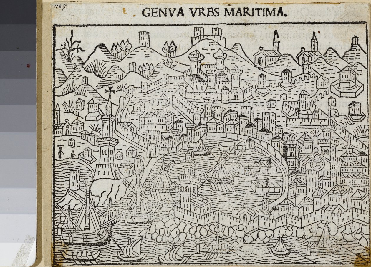 Genova, merikaupunki, Jacopo Filippo Forestin teoksesta Supplementum chronicarum, Venetsia 1486 (puupiirros) tekijältä Unknown artist