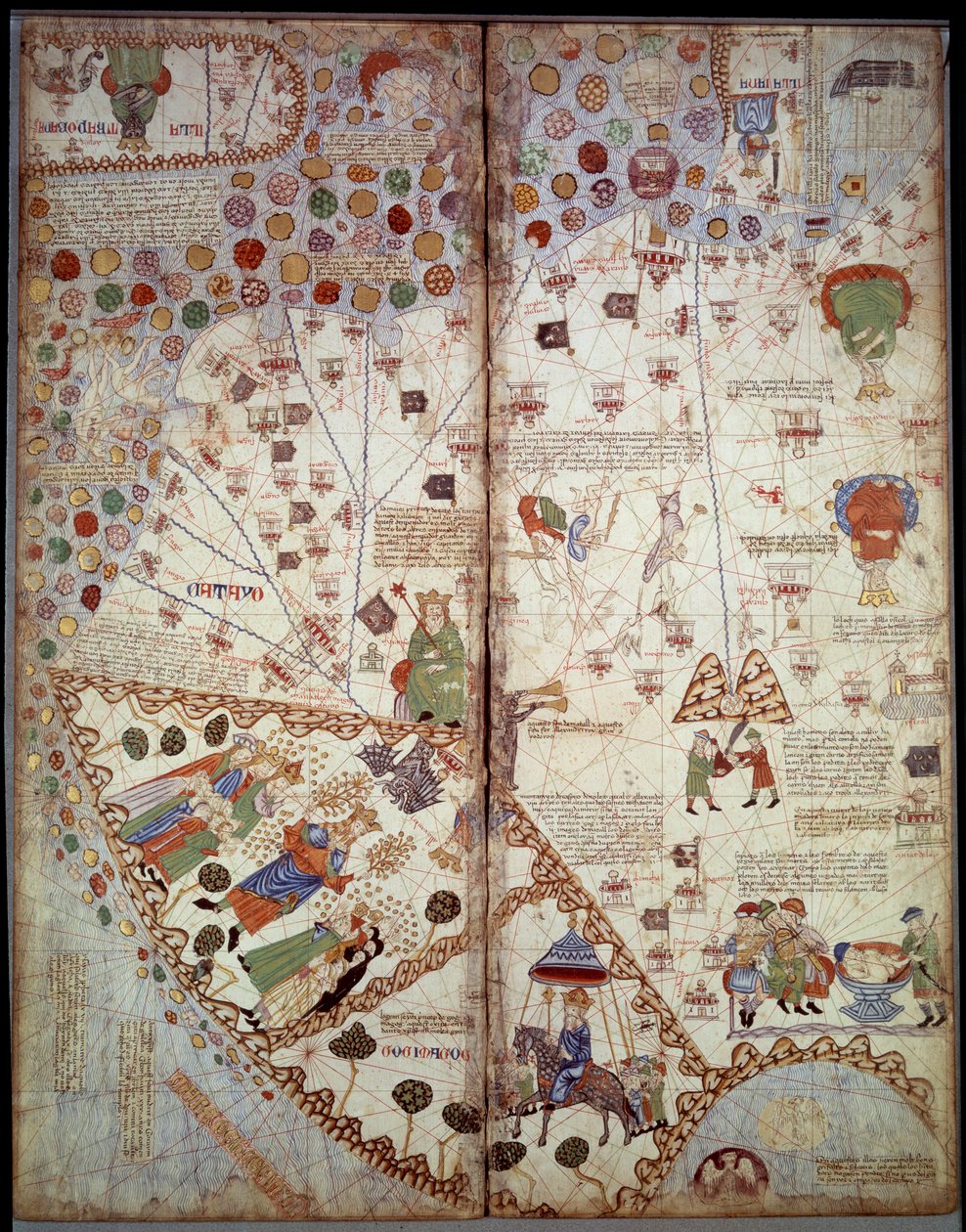 Maantieteellinen kartta: Kiina, Gangesin laakso, Sumatra, Ceylan. Katalaani Atlas (Katalaani kartta) (Espanja). Abraham Cresquesin käsikirjoitus vuodelta 1375 (Folio 2v - folio 3). BN, Pariisi tekijältä Unknown artist