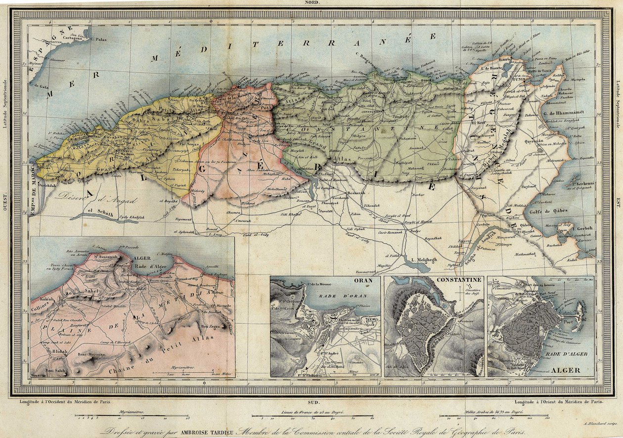 Algerian maantieteellinen kartta ja Algerin, Oranin ja Constantinuksen provinssien tiedot, Amboise Tardieu tekijältä Unknown artist
