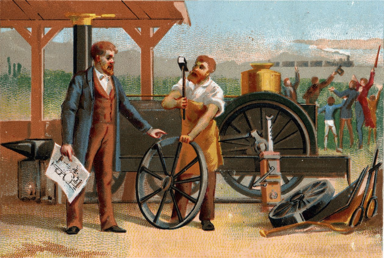 George Stephenson (1781-1848) edusti yhdellä keksinnöstään: veturi. Myöhäinen kromolitografia 1800-luvulta. tekijältä Unknown artist