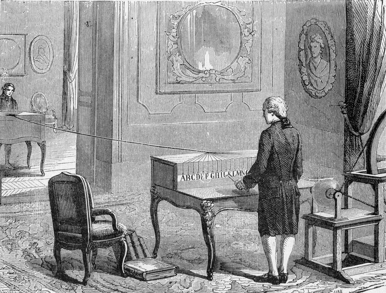 Georges Lesage, ensimmäisen elektronisen lennättimen keksijä prototyypin edessä. 1774. Kaiverrus 1800-luku. tekijältä Unknown artist