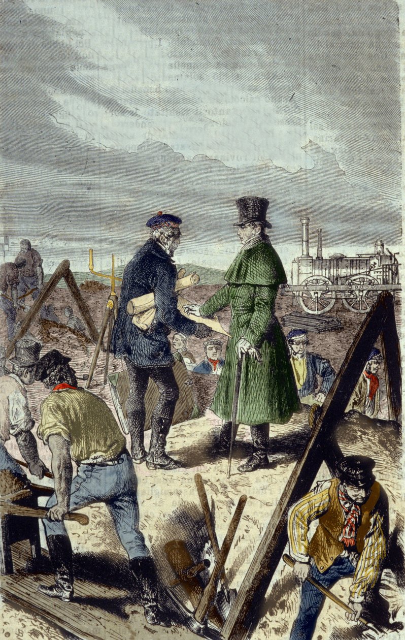 Georges Stephenson (1781-1848), englantilainen insinööri, Liverpool Manchester Roadin rakentaja ensimmäisellä veturillaan. tekijältä Unknown artist