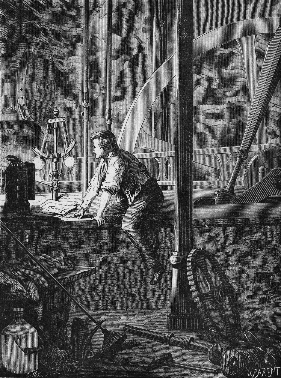 Georges Stephenson, kuljettaja työntekijä Newcastlessa, purkaa ja korjaa höyrykoneensa. Teoksessa ”Album de la Science”, Editions Jouvet tekijältä Unknown artist