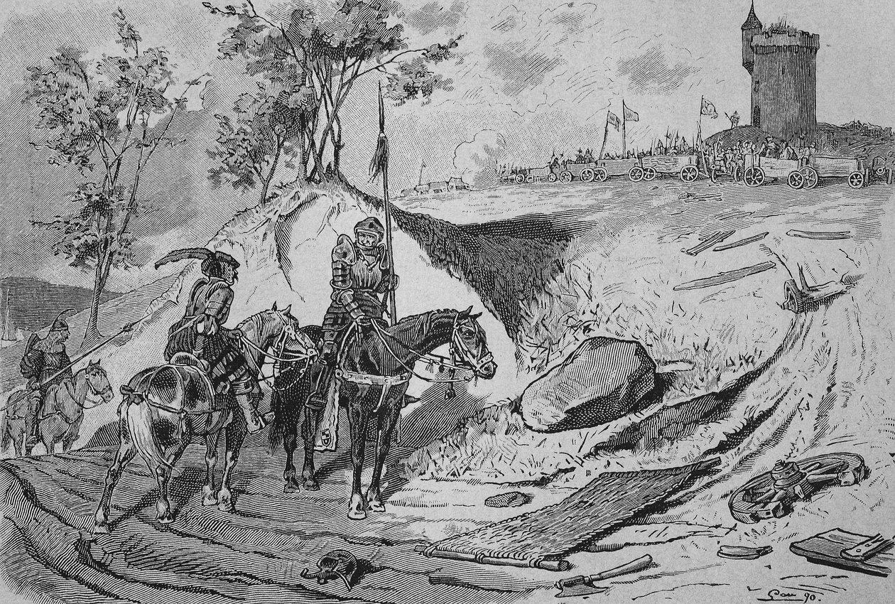 Saksan talonpoikaissota (1524-1526): Maanviljelijöiden vaunut Koenigshofenissa, Saksassa. tekijältä Unknown artist