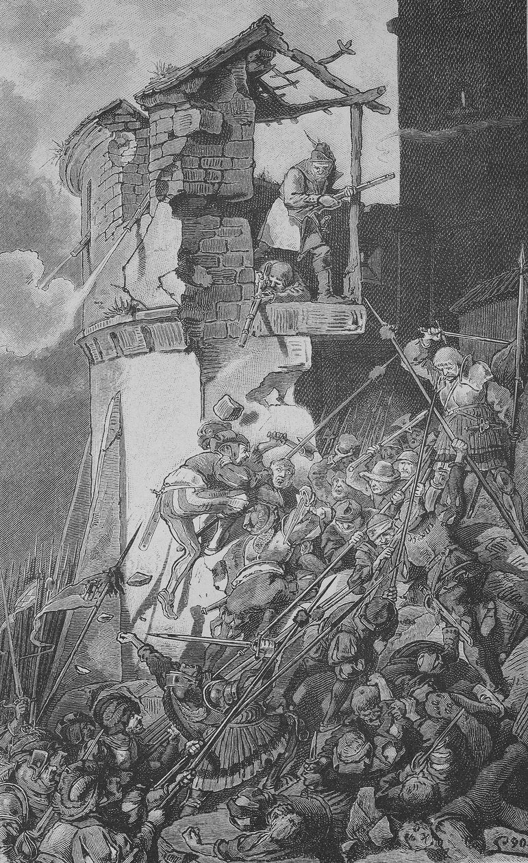 Saksan talonpoikaissota (1524-1526): Murrhardtin tuho, pieni kaupunki Rems-Murr-Kreisissä, noin 40 kilometriä Stuttgartista koilliseen, keskellä Schwabenin metsää. tekijältä Unknown artist