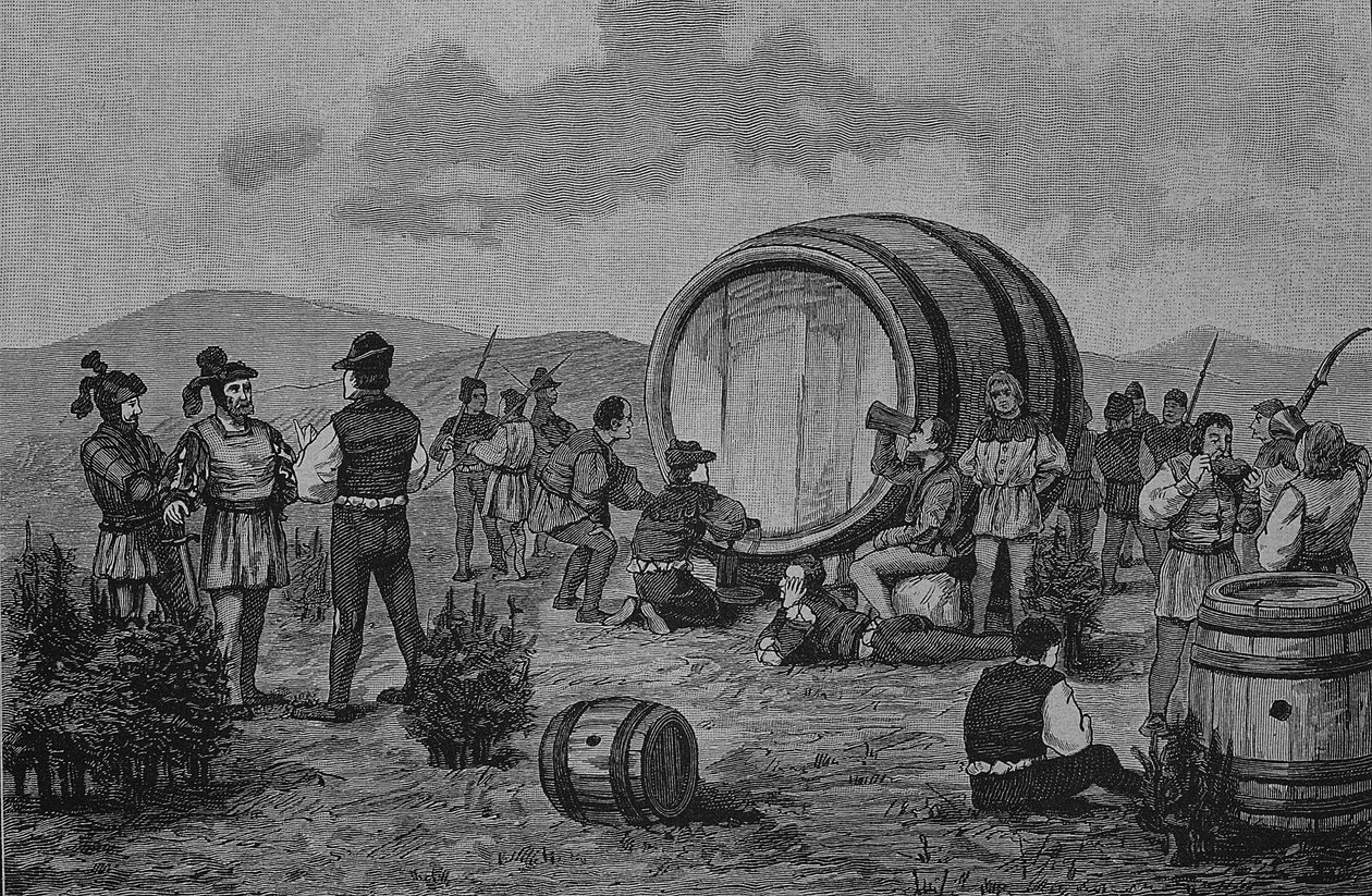 Saksan talonpoikaissota (1524-1526): Talonpojat leiriytyvät katajapensaille suuren viinitynnyrin kanssa. tekijältä Unknown artist