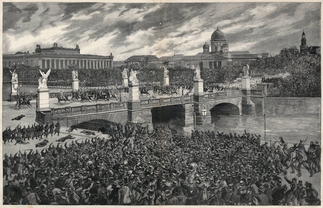 Berliinissä mellakoivia saksalaisia työntekijöitä poliisi raivaa pois, jotta keisari Wilhelm pääsisi läpi. tekijältä Unknown artist