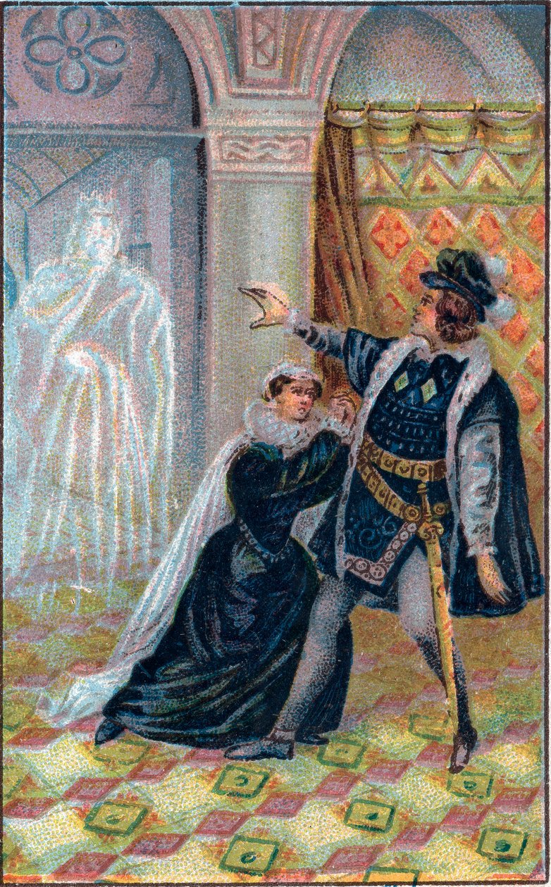 Gertrude, Hamlet ja Hamletin isän haamu. William Shakespearen "" Hamletissa". 1800-luvun lopun kromolitografia. tekijältä Unknown artist