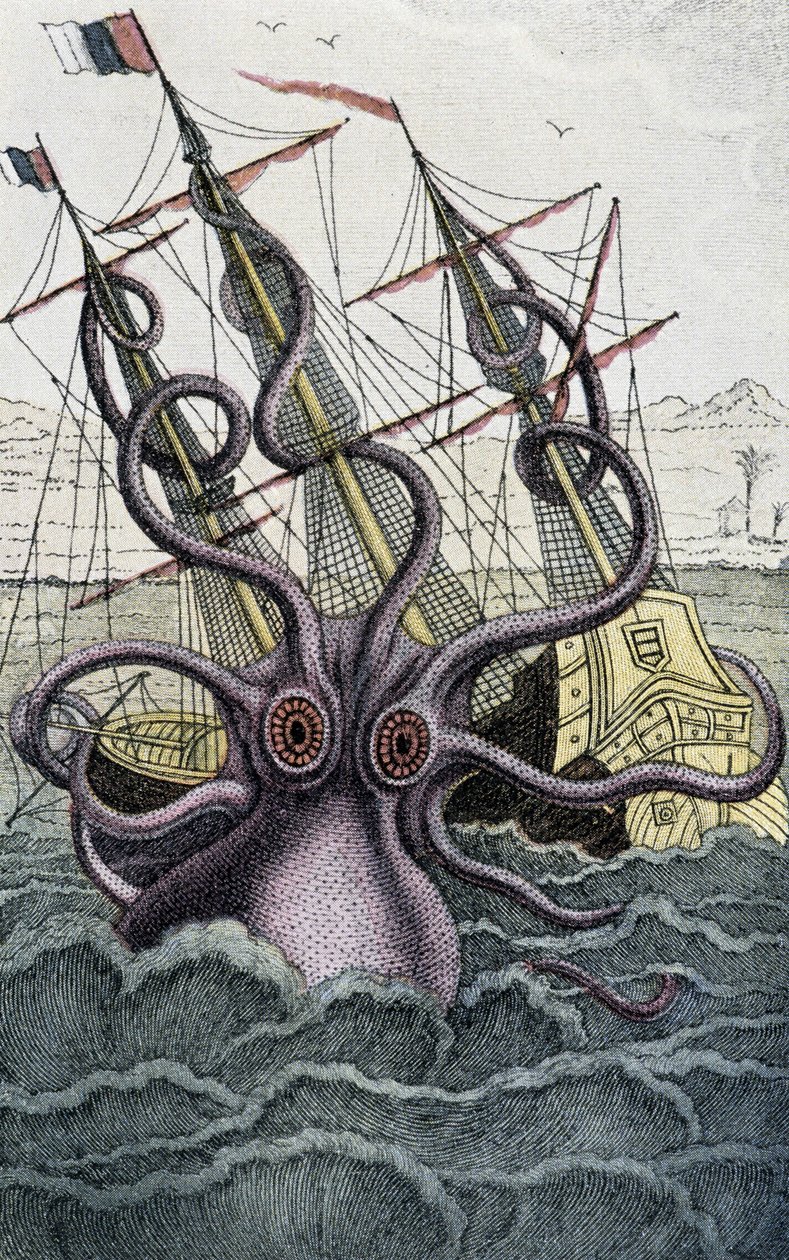 Jättiläinen mustekala (Kraken) hyökkää laivaan - Denys-Montfortista "Histoire naturelle des mollusques" -alueella, Pariisi tekijältä Unknown artist