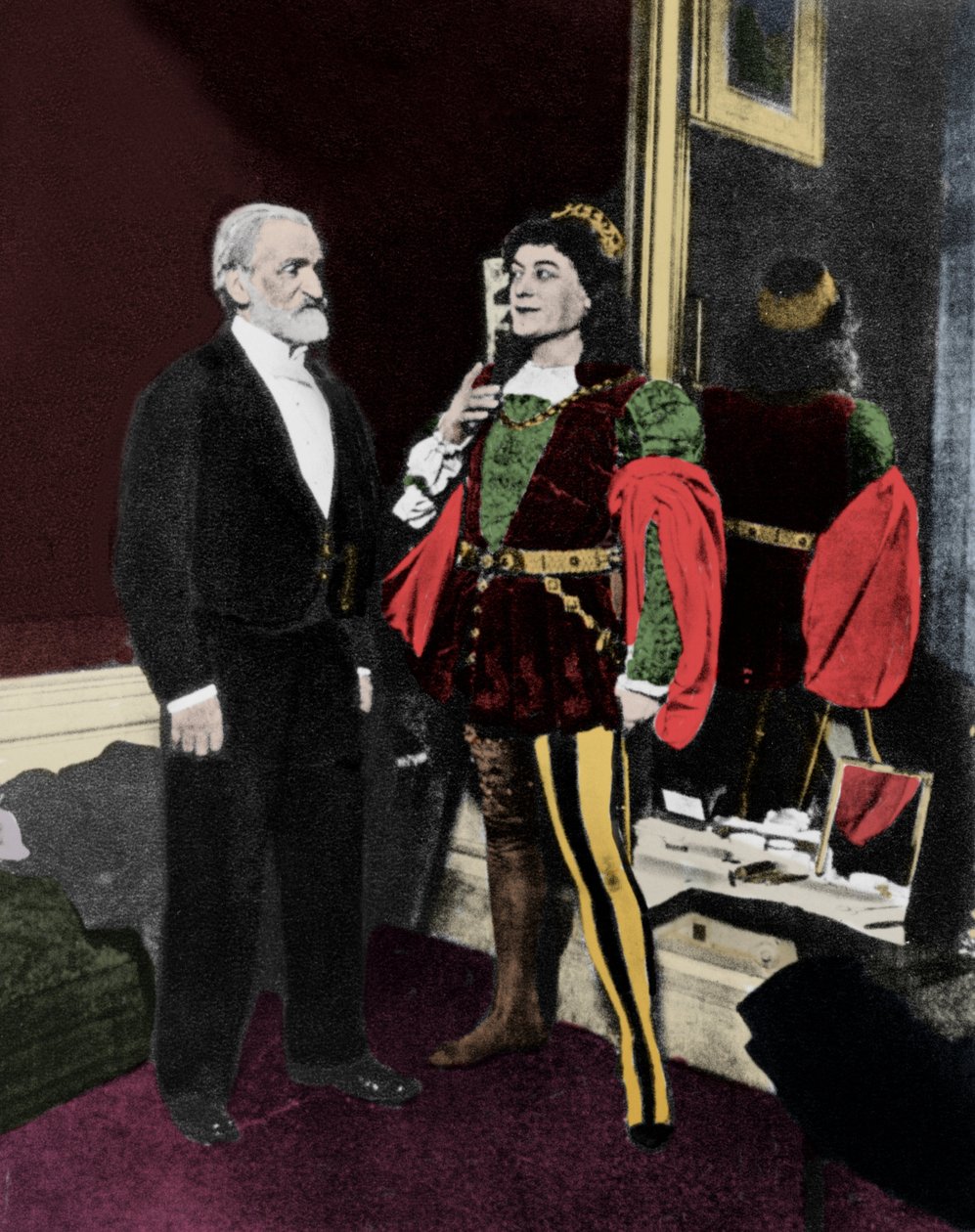 Giuseppe Verdi ja Victor Maurel (Iagossa) helmikuussa 1887 Milanon Scalassa Otellon ensi-illan jälkeen. tekijältä Unknown artist