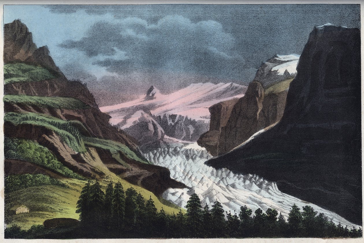 Glacier de Grindelwald Sveitsissä - Sveitsi, Grindelwaldin jäätikkö 1800-luvulla - kaiverrus kirjasta "Kaikkeuden kaikkien kansojen tavat ja perinteet". Se on kaikkien kansojen hallituksen, lakien, miliisin ja uskonnon historiaa tekijältä Unknown artist