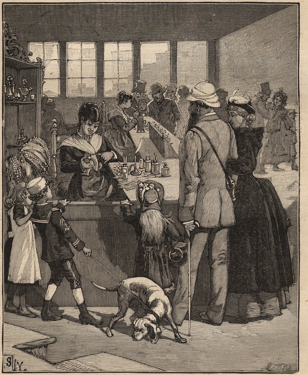 Lasitaide: turistit ostavat lasitehtaassa puhalletun helmen Venetsiassa, Italiassa. Kaiverrus vuodelta 1885 kirjassa "Les arts et metiers illustres", kirjoittanut Adolphe BITARD. tekijältä Unknown artist