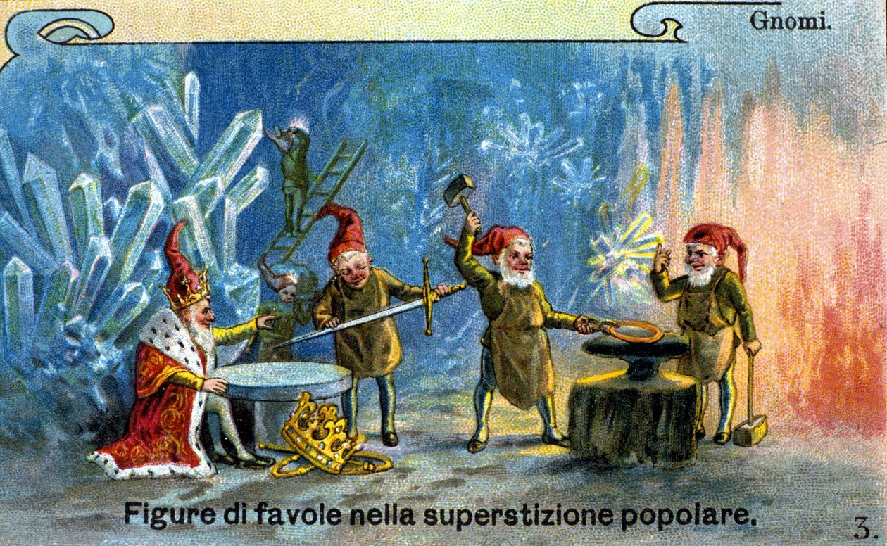Tontut, kansanperinteen tarinoiden hahmot. Kromolitografia tekijältä Unknown artist