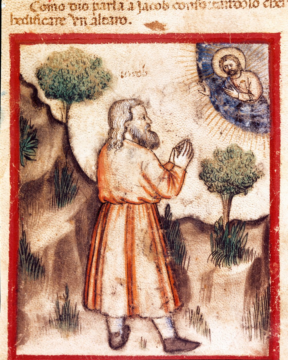 Jumala pyytää Jaakobia menemään Beeteliin ja rakentamaan pienoisalttarin koodeksista 212 (tai padovano-koodista tai Padovan Raamatusta) 1390-1400 Rovigo, Accademia dei Concordi tekijältä Unknown artist