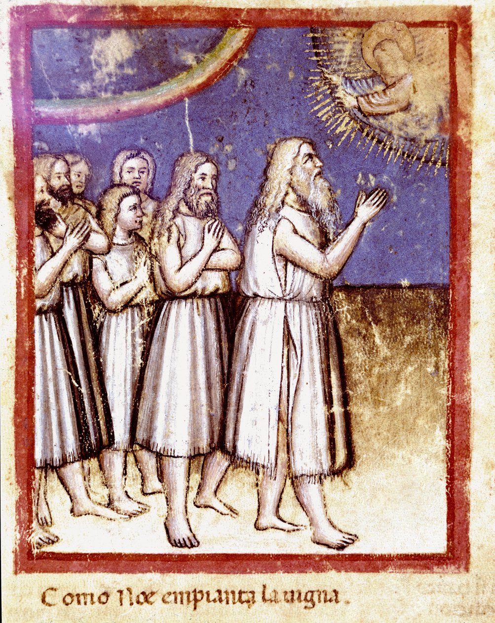 Jumala siunasi Noeta ja hänen perheensä eloonjääneitä vedenpaisumusten miniatyyreistä koodeksista 212 (tai padovano-koodista tai Padovan Raamatusta) 1390-1400 Rovigo, Accademia dei Concordi tekijältä Unknown artist