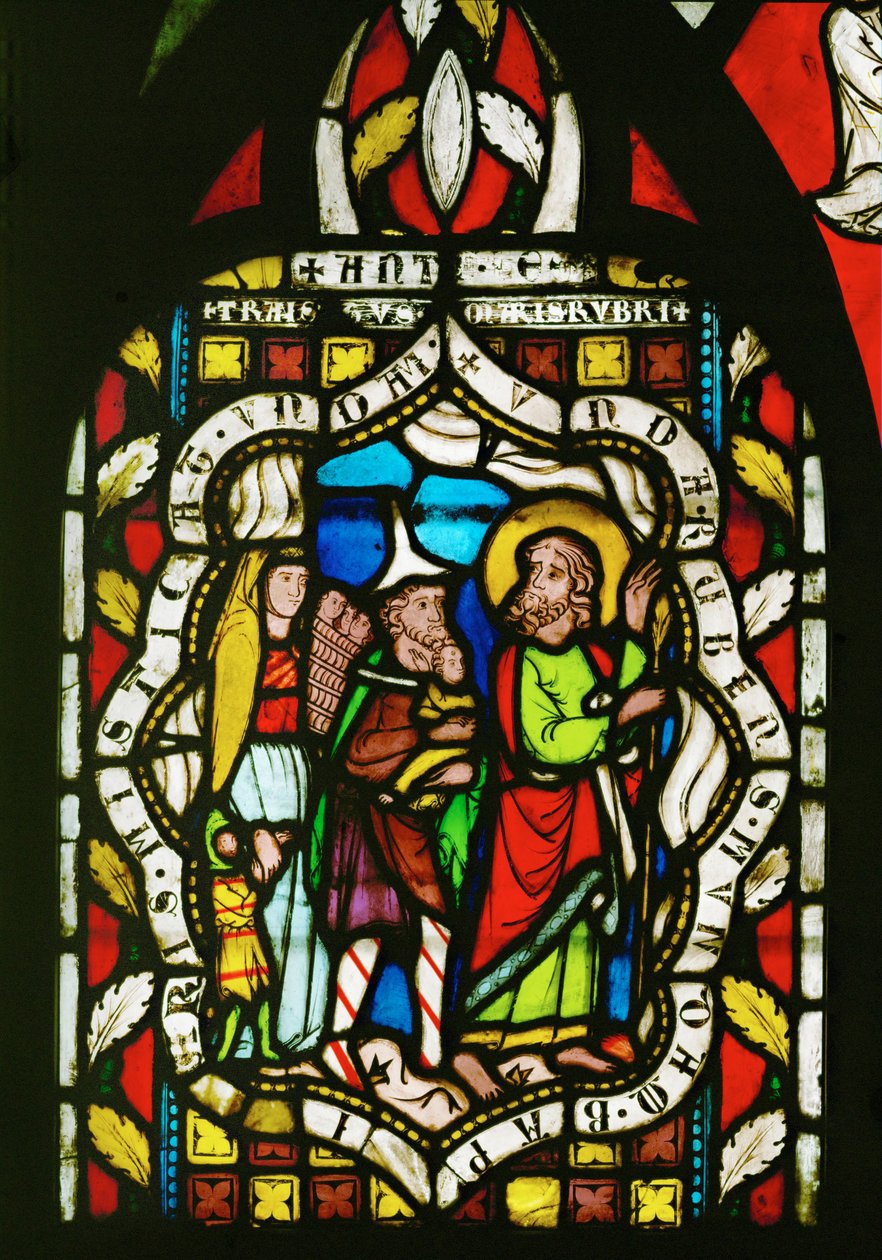 Jumala johdattaa israelilaiset Punaisen meren läpi (lasimaalauksia). tekijältä Unknown Artist