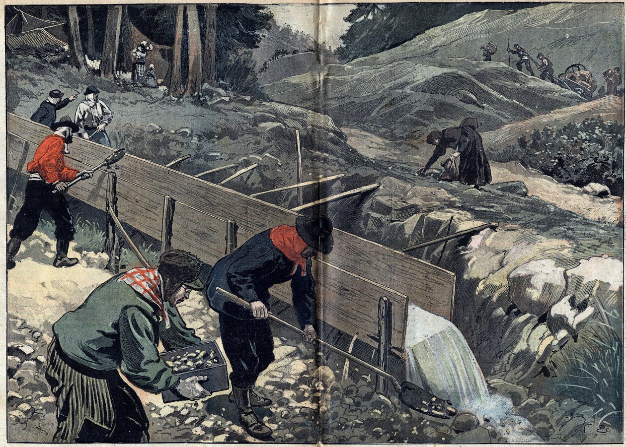 Kultakuume Alaskassa: Kullanetsijät pesevät kultamutaa. Nainen poimii pepitejä, kun uusia kullanhakijoita saapuu leirille. Kuvitus "" Le Pelerin" -lehdessä 20. helmikuuta tekijältä Unknown artist