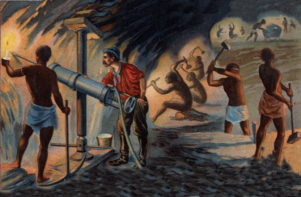 Kullan louhinta: kaivoksen sisällä Transvaalissa. Kaivosmies paineilmalla toimivalla poranterällä. 1800-luvun lopun kromolitografia. tekijältä Unknown artist