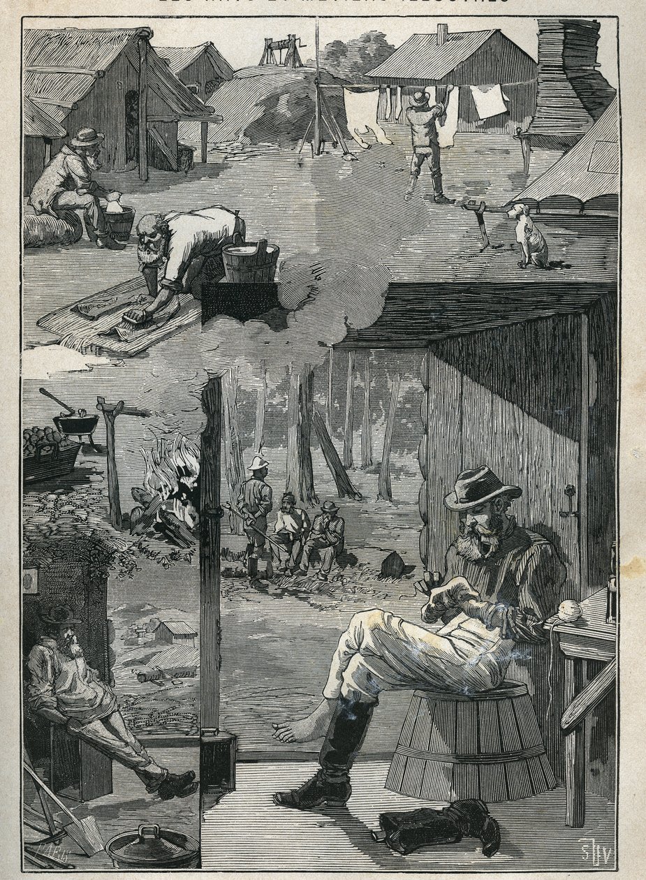Kullanhakijat Australiassa: kaivostyöläisten arjen tahra lepopäivien aikana (liinavaatteiden, sukkien jne. puhdistus ja kuivaus). Kaiverrus vuodelta 1885 kirjassa "Les arts et metiers illustres", kirjoittanut Adolphe BITARD. tekijältä Unknown artist