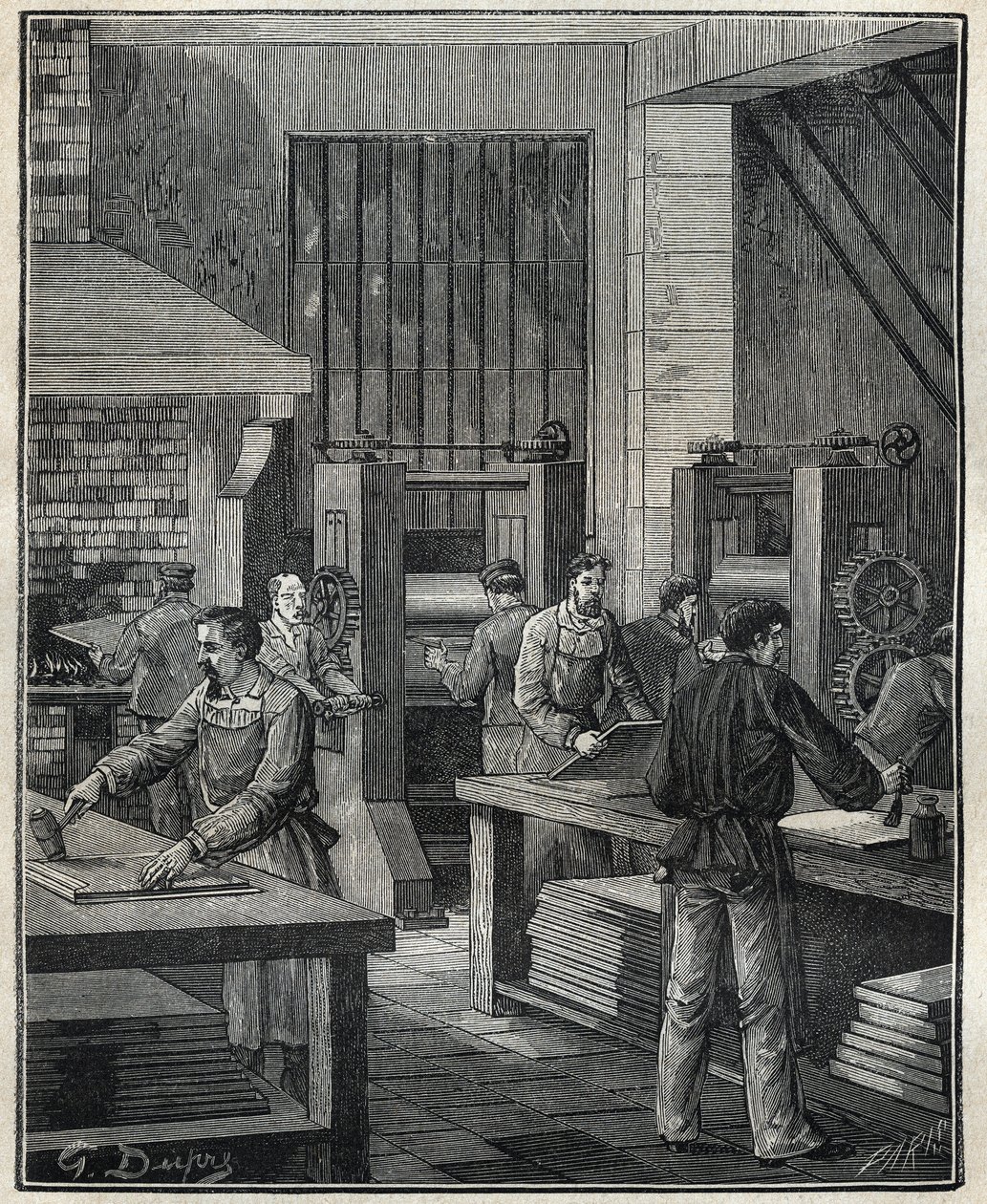 Kultaseppä: levyn valmistelu, metallin valmistelu erityisen hopeaesineen suorittamista varten. Kaiverrus vuodelta 1885 kirjassa "Les arts et metiers illustres", kirjoittanut Adolphe BITARD. tekijältä Unknown artist