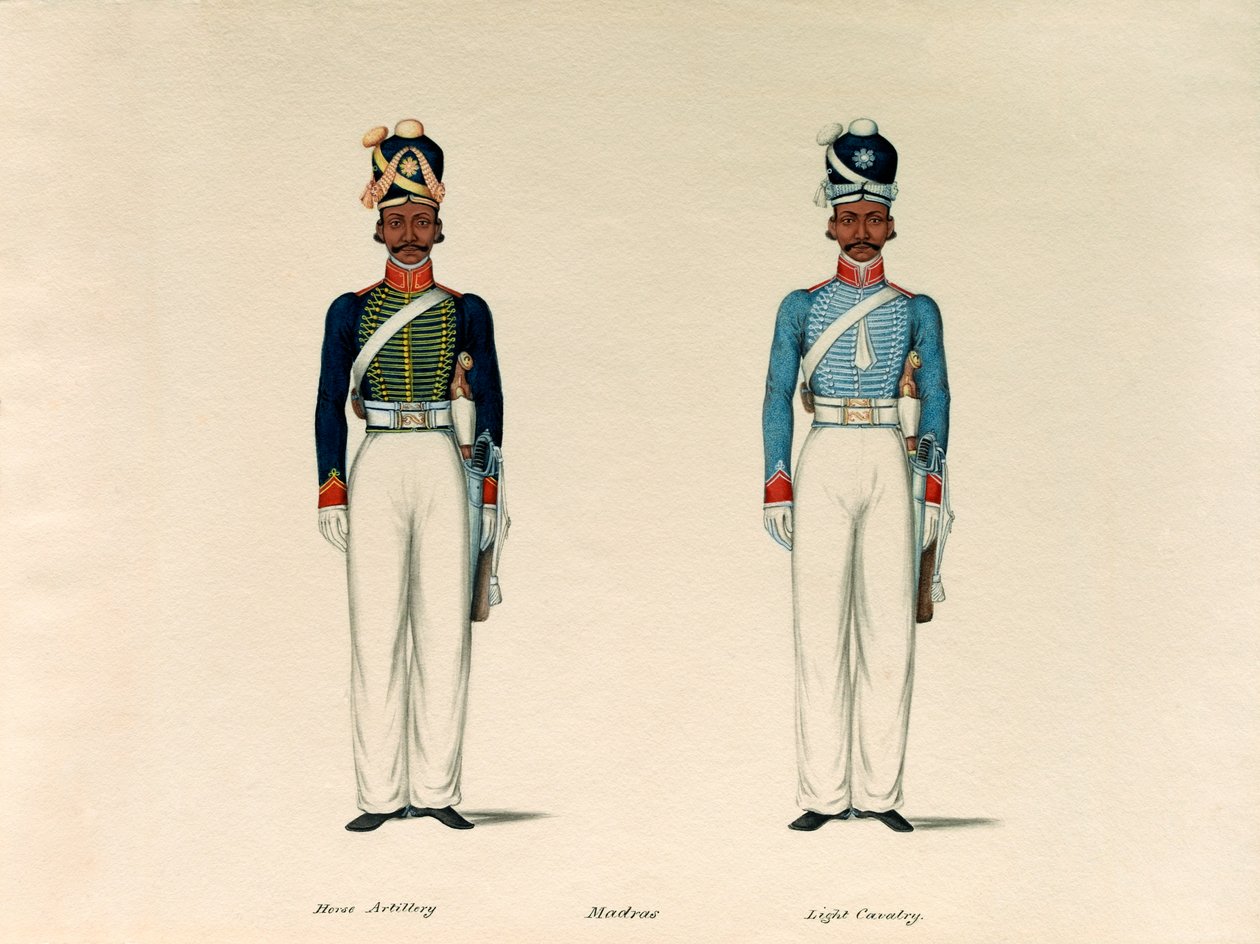 Golundauz, Madras Horse Artillery; ja Sowar, Madras Light Cavalry, 1835 noin. tekijältä Unknown