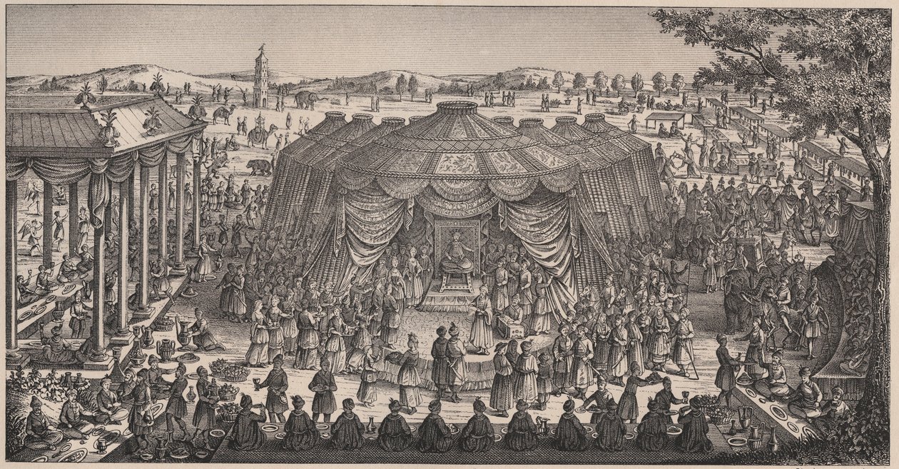 Tamerlanin (1336-1405) (tai Timur Lang, "rapuva Timur") järjestämä suuri juhlatilaisuus Khani Gheulin tasangolla lastenlastensa häiden kunniaksi - Kaiverrus 1800-luku tekijältä Unknown artist