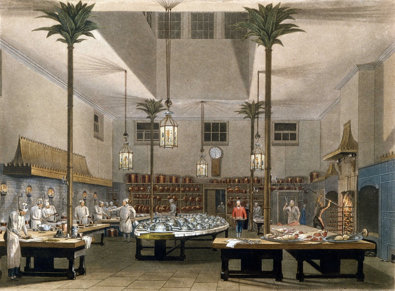 Grand Hotel: Great Pavillon -hotellin keittiöt Brightonissa. 1850 tekijältä Unknown artist