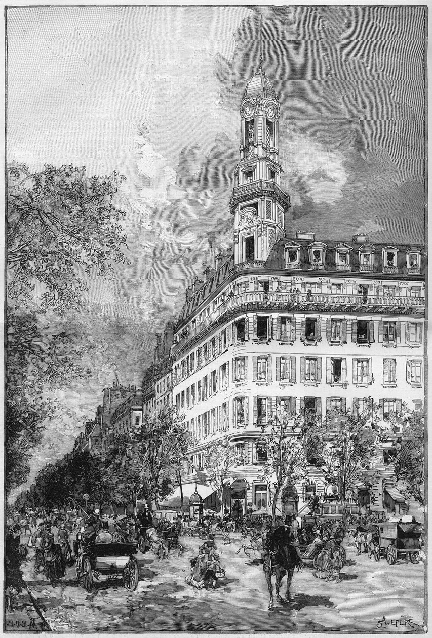 Suuret bulevardit ja Haussmann-rakennukset Pariisissa: Hotel de la Compagnie ""La New York"" boulevard des Italiens. Kaiverrus ""Maailmankuvaan"" tekijältä Unknown artist