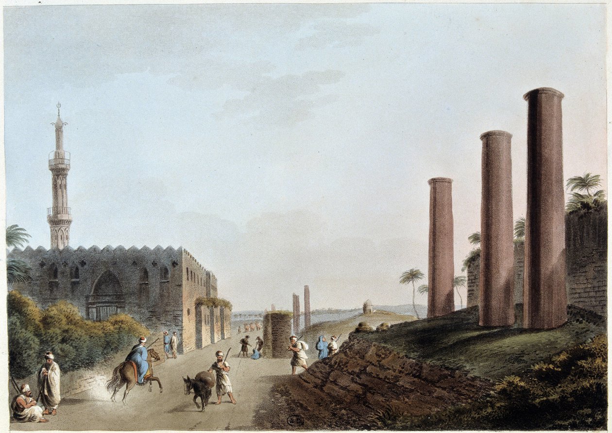 Graniittipilarit katoksen portiossa muinaisessa Aleksandriassa - "Näkymiä Egyptissä, Palestiinassa ja muualla Ottomaanien valtakunnassa" tekijältä Unknown artist