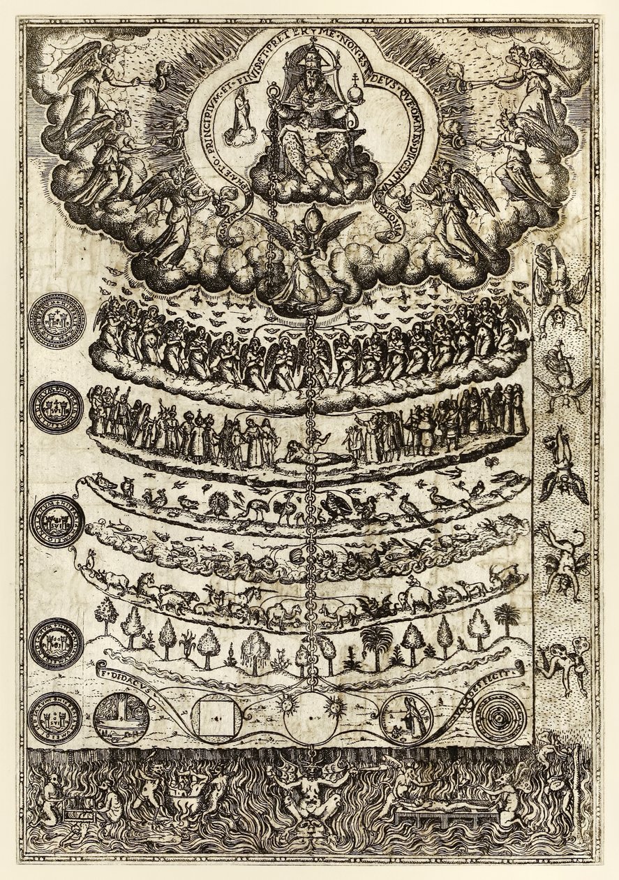 Olemisen suuri ketju" Diego Valadésin "Christian Rhetorica for the use of saarnoja ja rukouksia..." julkaisusta tekijältä Unknown artist