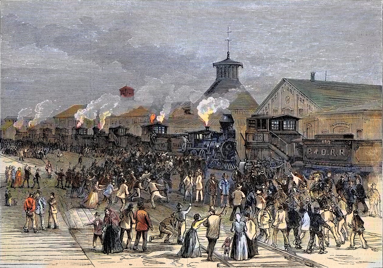Suuri rautateiden lakko vuonna 1877, moottoreiden esto Martinsburgissa, Länsi-Virginiassa tekijältä Unknown artist