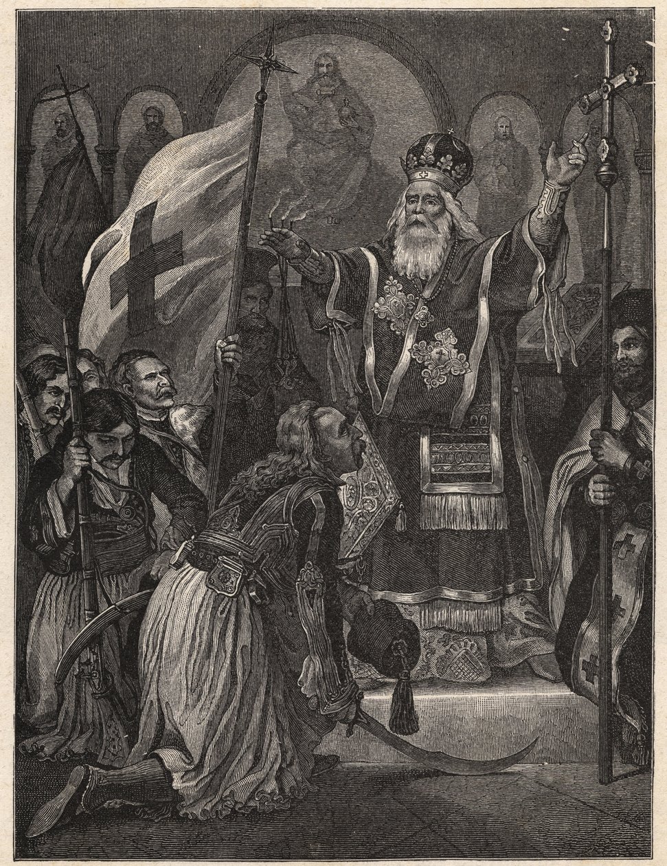 Kreikan vapaussota 1821 - 1829: Vanhan Patran (Georgios Gotzias) piispa Germanos (Germain) III siunasi vapaustaistelun lippua, Agia Lavran luostari (Sainte Laure du Peloponnese), 21. maaliskuuta 1821 - kaiverrus maalauksen jälkeen tekijältä Unknown artist