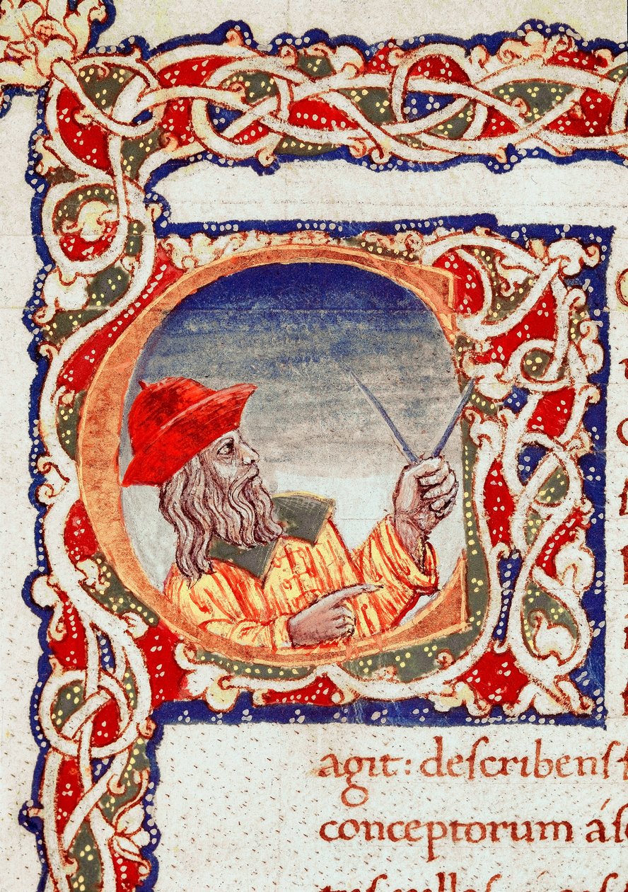 Kreikkalainen tähtitieteilijä Claude Ptolemeus (Claudius Ptolemaeus) (noin 90-noin 168 jKr.) käyttää kompassia laskelmien tekemiseen Miniatyyri otettu "" Cosmographiasta"" (Ms. V.F. 32 f.2r) Napoli, National Library tekijältä Unknown artist