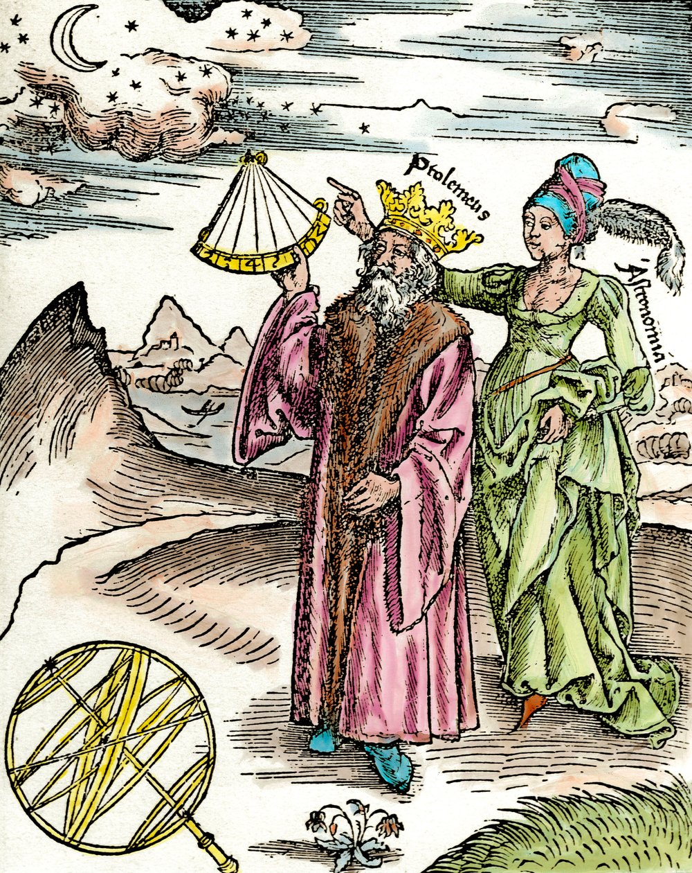 Kreikkalainen tähtitieteilijä Claude Ptolemeus (Claudius Ptolemaeus) (noin 90-noin 168 jKr) käyttäen sekstanttia ja tähtitiedettä. Kaiverrus vuodelta 1503. Yksityinen kokoelma tekijältä Unknown artist