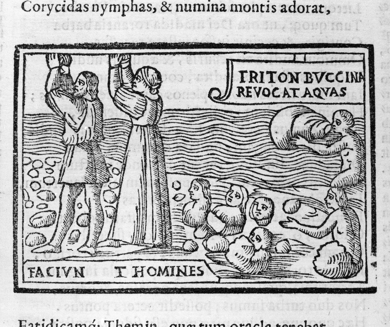 Kreikkalainen mytologia: Deucalion ja Pyrrha heittävät kiviä, jotka synnyttävät ihmisiä tulvan jälkeen asuttamaan maan. 1500-luvun ksylografia tekijältä Unknown artist