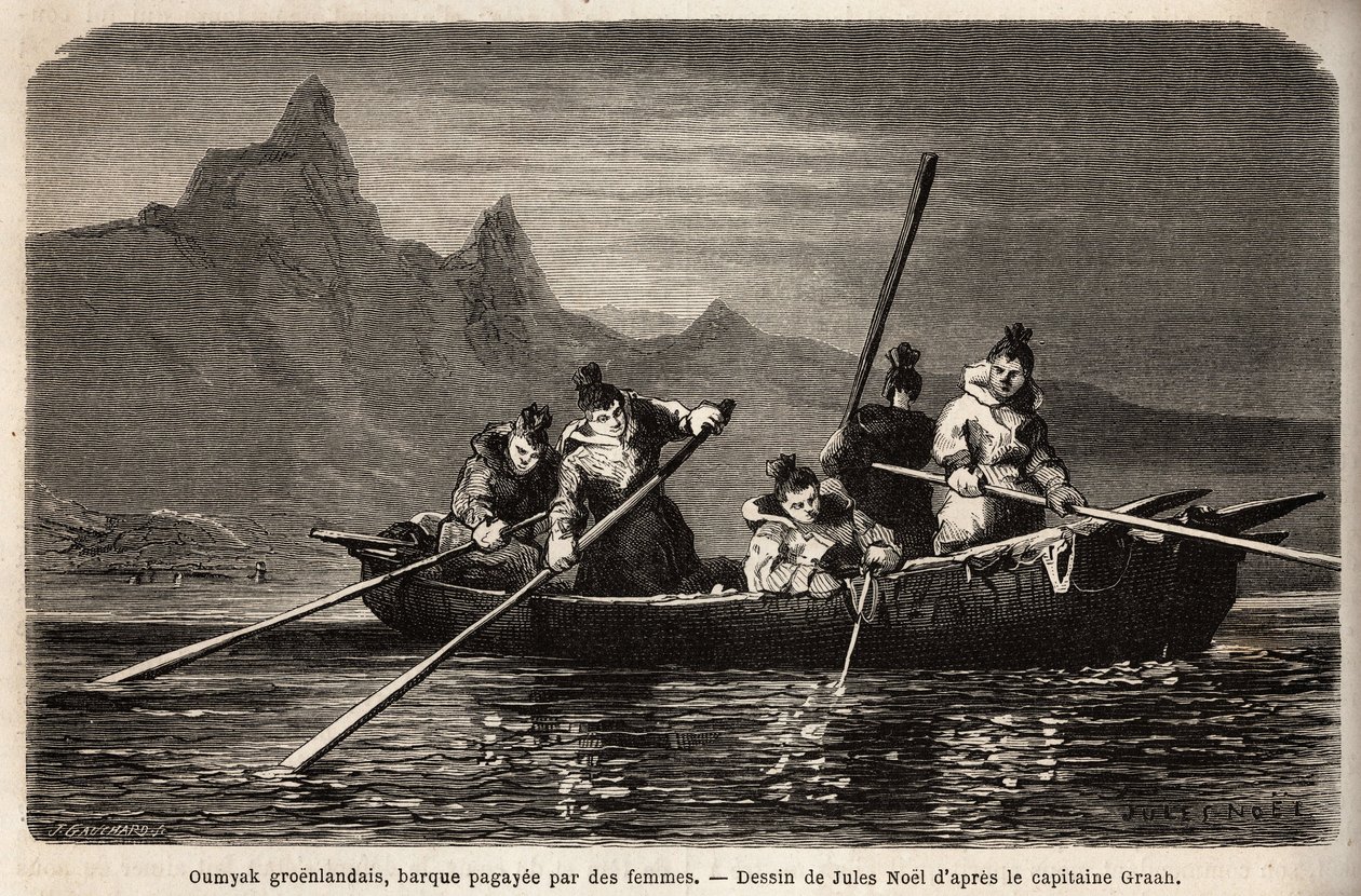 Grönlanti Umyak, naisten käyttämä venetyyppi. Kaiverrus havainnollistamaan matkaa arktisen navan vapaalle merelle, tohtori Hayesin, Yhdysvaltain laivaston kirurgin, 1860-1862, julkaistiin "Le tour du monde, nouveau journal des voyages", toimitettu b. tekijältä Unknown artist