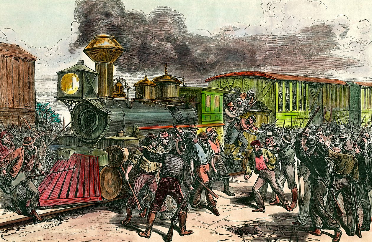 Greve Baltimoren yhdistävällä rautatielinjalla Ohiossa Työntekijät jahtaavat kuljettajia ja insinöörejä Baltimoreen suuntautuvasta junasta. 1877 1800-luvun kaiverrus Yksityinen kokoelma tekijältä Unknown artist