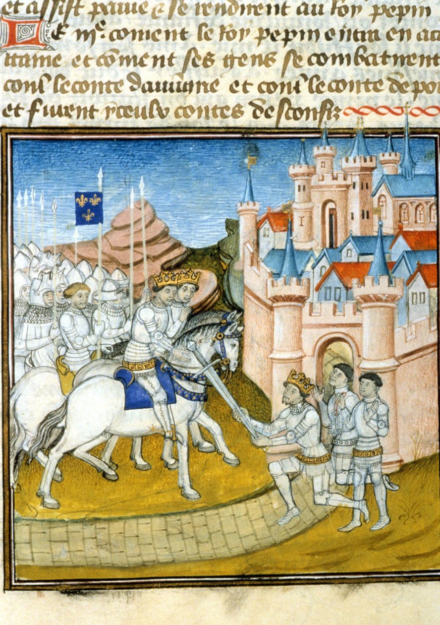 Griffon (Grippon) (n. 726-753) meni veljiensä Pepin III:lle, joka tunnettiin nimellä Pepin le Brief (714-768) ja Carloman (n. 715-754) Laonin piirityksen jälkeen vuonna 741. Miniatyyri "" Grandes Chroniquesissa de Saint-Denis"" tekijältä Unknown artist